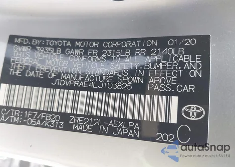 2020 Toyota Corolla Le from USA, damaged, VIN JTDVPRAE4LJ103825